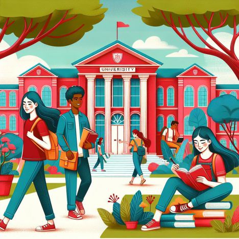 universidad de colores rojos con alumnos de varias etnias