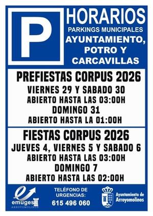 Aparcamientos en Arroyomolinos amplían horarios y habilitan nuevo espacio temporal para las fiestas del Corpus