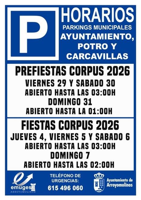Aparcamientos en Arroyomolinos amplían horarios y habilitan nuevo espacio temporal para las fiestas del Corpus